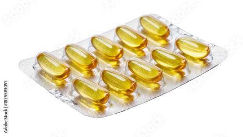 Ten translucent yellow oval softgel capsules in a blister pack, isolated on transparent background