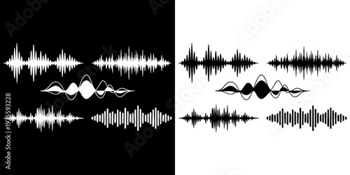 Collection of dynamic sound wave vector graphic elements designed for visual representation of audio frequency data in modern digital projects