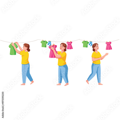 Mother is hanging the clothes to dry