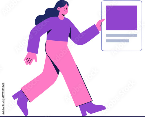 A woman in purple and pink clothes is walking and pointing at a purple screen.