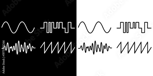 Versatile vector graphic illustration showcasing fundamental waveform types, including sine, square, complex, and sawtooth signals, for various electronic and audio applications.
