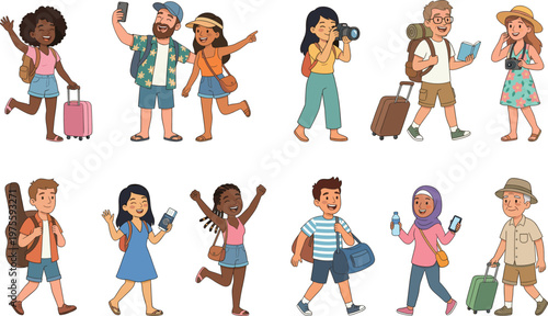 Set of diverse tourists and travelers, multiethnic people with luggage and backpacks, flat vector illustration collection.