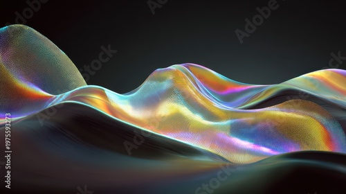Abstract Digital Landscape of Shimmering Iridescent Wavy Terrain with Glowing Particles and Soft Dark Background Perfect for Technology and Science Concepts