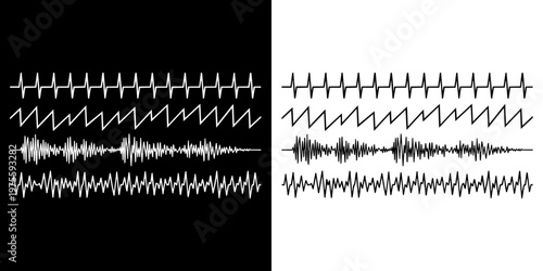 Digital sound wave vector graphic set showing different frequencies and audio signal patterns for modern music and technology software design