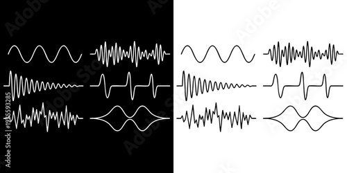 Detailed vector graphic illustration showcasing various sound wave patterns representing audio frequencies and musical signals for professional digital media design projects