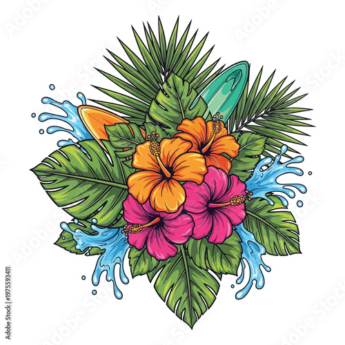 Vibrant tropical surf arrangement featuring colorful hibiscus flowers, lush palm leaves, and dynamic water splashes, perfect for summer vacation and beach-themed designs