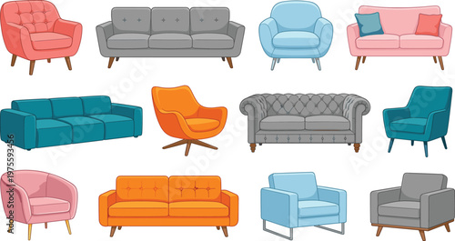 Modern living room furniture set, colorful sofa and armchair collection, flat vector CAD drawing illustration