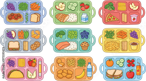 Set of school lunch boxes with healthy balanced meals, children's food trays, flat vector illustration collection.