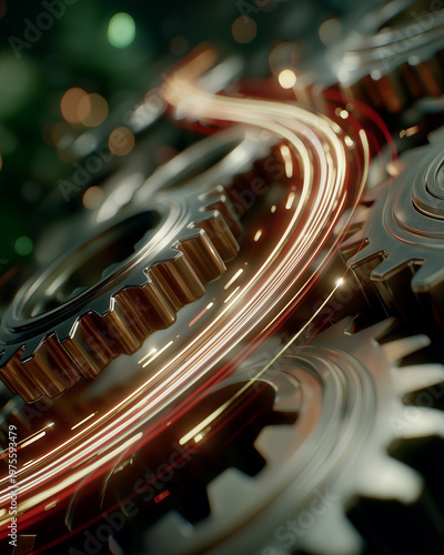 Mechanized Harmony: An artful composition of interlocking gears, illuminated by streams of light, evokes a sense of intricate industrial innovation and mechanical cohesion.