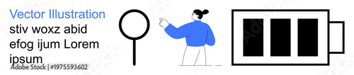 Search functionality, energy optimization, user guidance, data analysis, power efficiency, visual design. Woman pointing at magnifying glass near battery. Search functionality and energy optimization