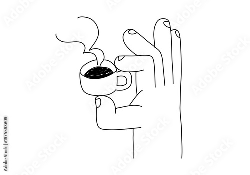  Minimal line of hand holding coffee cup, advertising, branding, banners, and menus, Flat vector illustration.
