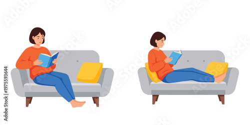 Mother reads a book on the sofa