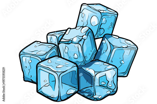 A vibrant digital illustration depicting a refreshing pile of ice cubes, perfectly frozen and ready to cool beverages, embodying the essence of crisp hydration and invigorating coolness
