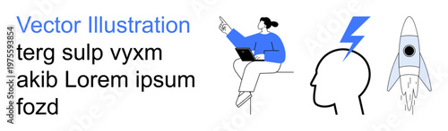 Innovation, creativity, technology, brainstorming, startup, problem-solving. Person working on a laptop, a head with a lightning bolt and a rocket. Innovation and creativity concept