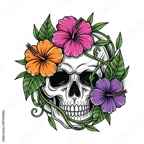 Ethereal Skull Adorned with Vibrant Hibiscus Flowers and Lush Green Leaves, Symbolizing the Beautiful Cycle of Life and Death