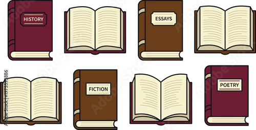 Hardcover book collection with various genres, open and closed books, flat vector CAD drawing illustration