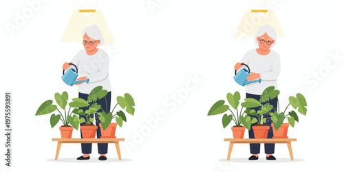 grandmother is watering the flowers