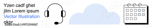 Cloud computing, customer support, remote work, scheduling, data storage, digital organization. Headset, cloud and calendar icon design. Cloud computing and customer support concept
