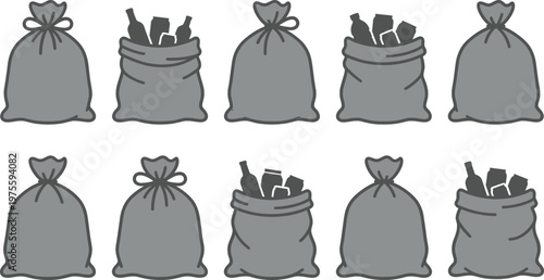 Garbage and recycling bag collection with waste icons, trash bag set, flat vector CAD drawing illustration
