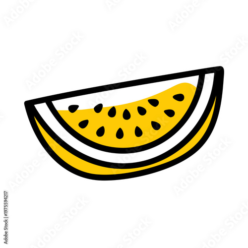 Vector illustration of a yellow melon, a banana, and an orange fruit with a juicy watermelon slice for a healthy and delicious tropical summer food dessert