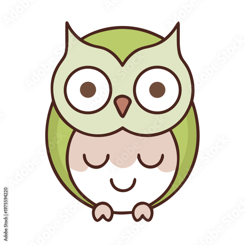 Cute brown cartoon owl character with big eyes sitting on a tree branch vector illustration featuring wise wild animal design and funny feather wings