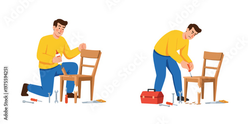 Father is fixing the wooden chair