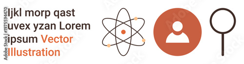 Science education, personal identity, search tools, knowledge discovery, data analysis, basic design. Atomic symbol, user icon magnifying glass. Science education and personal identity