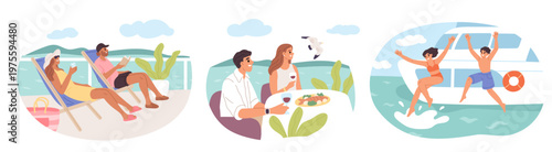 Yacht holidays people. Summer vacation aboard ship, happy vacationers at sea, marine journey, nautical passengers, sunbathing on deck chairs, dining outdoor garish vector cartoon flat concept