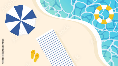 夏の海のイラスト　砂浜　ビーチパラソル　うきわ