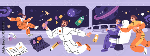 Spaceship interior with astronauts. Cartoon people floating in zero gravity, eating in space, pilots at control panel, horizontal background, crew universe exploration garish vector concept