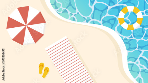 夏の海のイラスト　砂浜　ビーチパラソル　うきわ