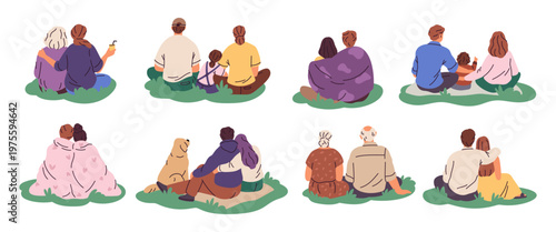 People sit on grass back view. Couples in love and families with children, characters wrapped in blankets, hugging picnic, people resting hugging together garish vector cartoon isolated set