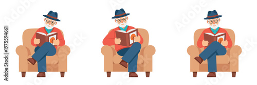 Grandfather is reading a book on the sofa