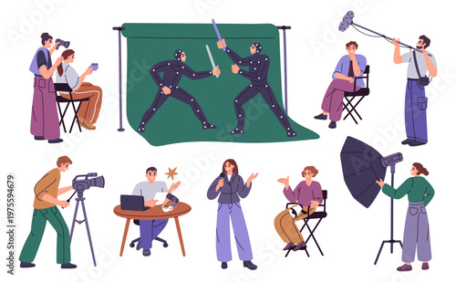 Movie production. Crew filming team on set, video operators, professional creation videographers, actors and director, people create films and shows, garish vector cartoon isolated set