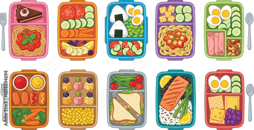 Healthy bento box lunch meal collection with various snacks, colorful food set, flat vector CAD drawing illustration