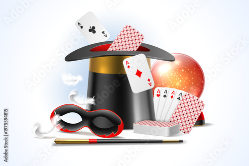 Magical composition. Realistic magician tools, illusionist inventory, wizard entertainment show with props for tricks, mystery performance, 3d hat, cards and wand vector realistic concept
