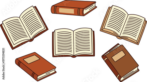 Open, and, closed, vintage, books, set, for, education, library, literature, reading, isolated, vector, illustration