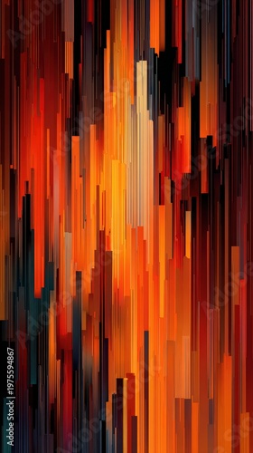 Abstract Vertical Glitch Art with Fiery Orange Yellow Red and Black Color Palette Creates a Dynamic and Energetic Visual Texture with Digital Distortion Effects