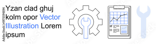 Maintenance, data analysis, productivity, workflow, development, engineering. Wrench and gear alongside a clipboard with graph data. Maintenance and data analysis concept visualization