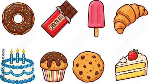 Sweet, dessert, collection, with, cake, cupcake, cookie, donut, chocolate, popsicle, croissant, isolated, vector, illustration