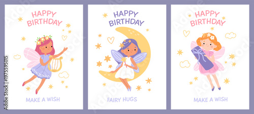 Fairy birthday cards. Little cute princesses with wings, funny fabulous girls hold gift, harp, magic wand, kids holiday, posters or print design, dentistry mascot garish vector cartoon set