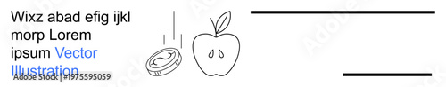Financial planning, education, healthy choices, budgeting, investment, minimalism. Clean line art of a coin falling near a sliced apple. Financial planning and healthy choices