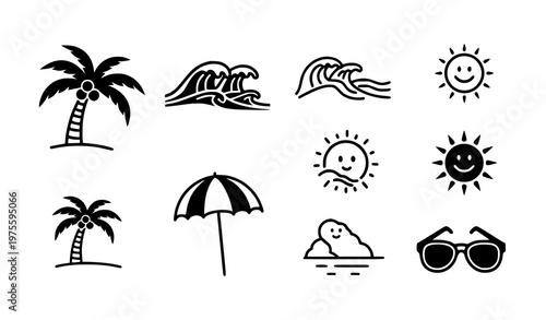 Tropical beach silhouettes icon set vector illustration