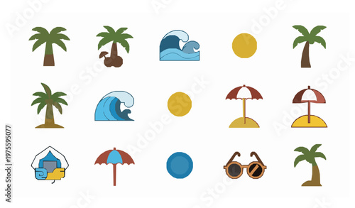 Summer tropical vector icon set palm trees waves sun umbrella sunglasses