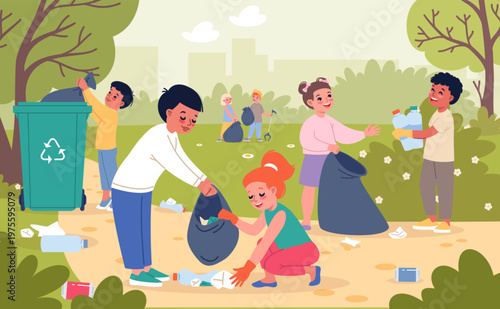 Cute kids collect garbage. Children clearing city park of trash, nature caring, little volunteers recycling garbage, community environmental care classy vector cartoon isolated concept