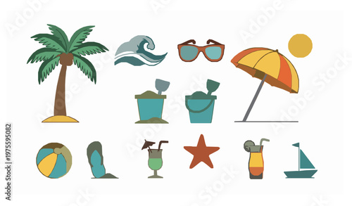 Summer beach icon set palm tree waves sun umbrella sunglasses vector