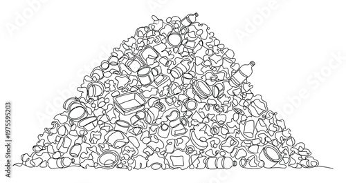 A large heap of assorted plastic garbage and household waste in a single continuous line drawing, symbolizing environmental pollution and the urgent need for recycling awareness.