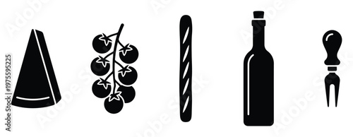 Simple yet effective graphic symbols representing cheese, fresh tomatoes, a classic baguette, a bottled drink, and a cheese utensil, great for food industry applications and culinary