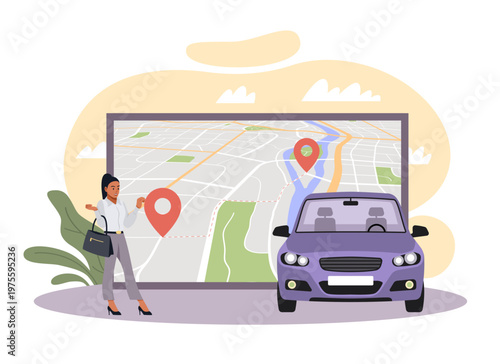 Choosing car route. Options for getting to given point, initial and final destination location pins, GPS navigation tracking, urban transportation logistic, vector cartoon isolated concept