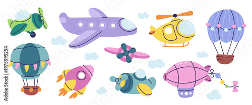 Childish style air transport. Kids flying toys, colorful airplanes, cute helicopters, balloons, space rockets, cartoon vehicles, travel tourism symbol, nursery decorative garish vector set